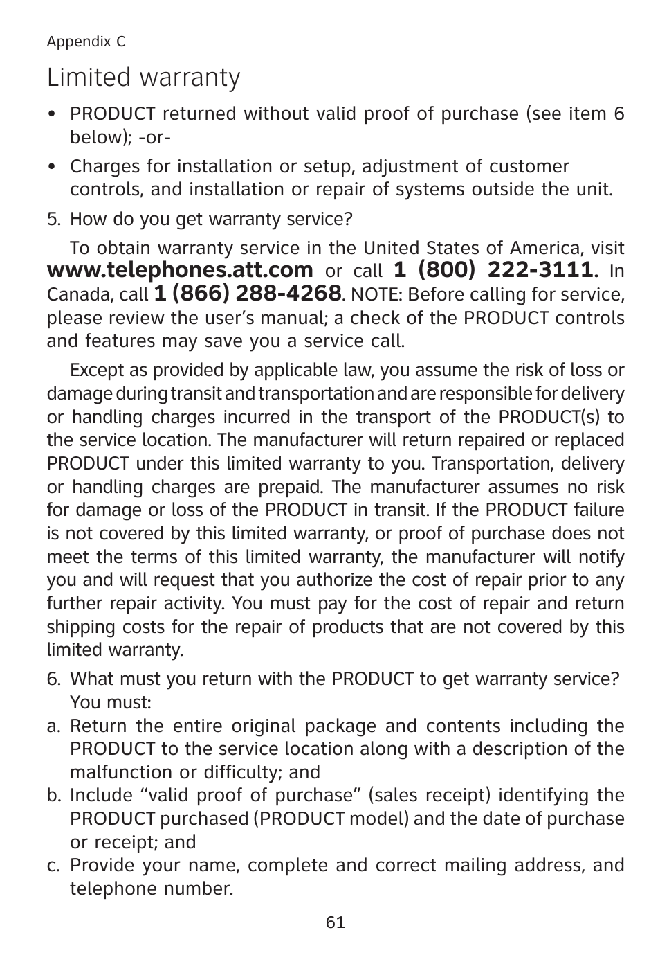 Limited warranty | AT&T TL7610 User Manual | Page 67 / 72