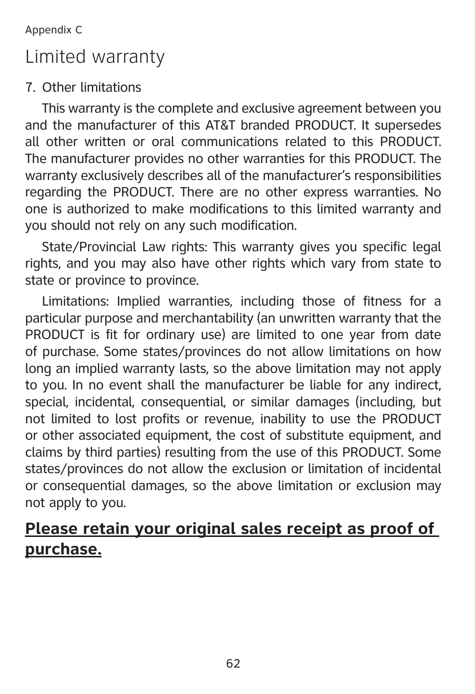 Limited warranty | AT&T TL7610 User Manual | Page 68 / 72