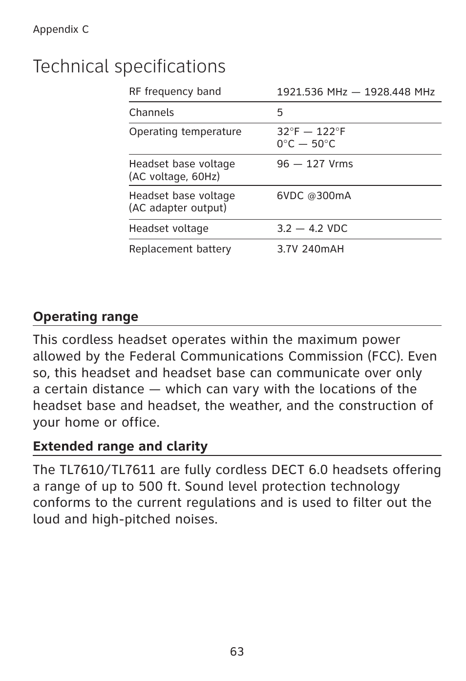 Technical specifications | AT&T TL7610 User Manual | Page 69 / 72