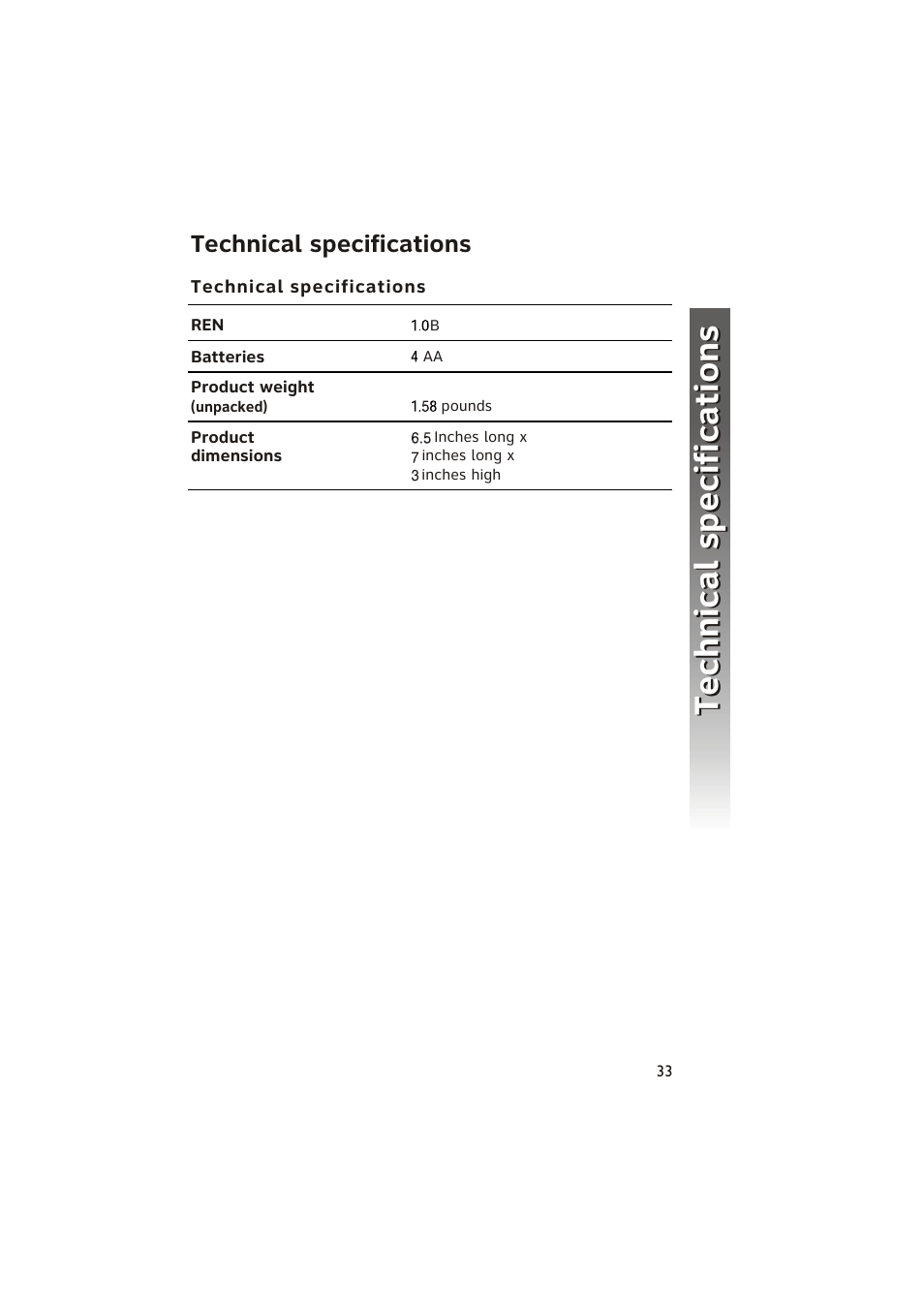 Technical specifications technical specifications, Technical specifications | AT&T 950 Speakerphone User Manual | Page 35 / 41