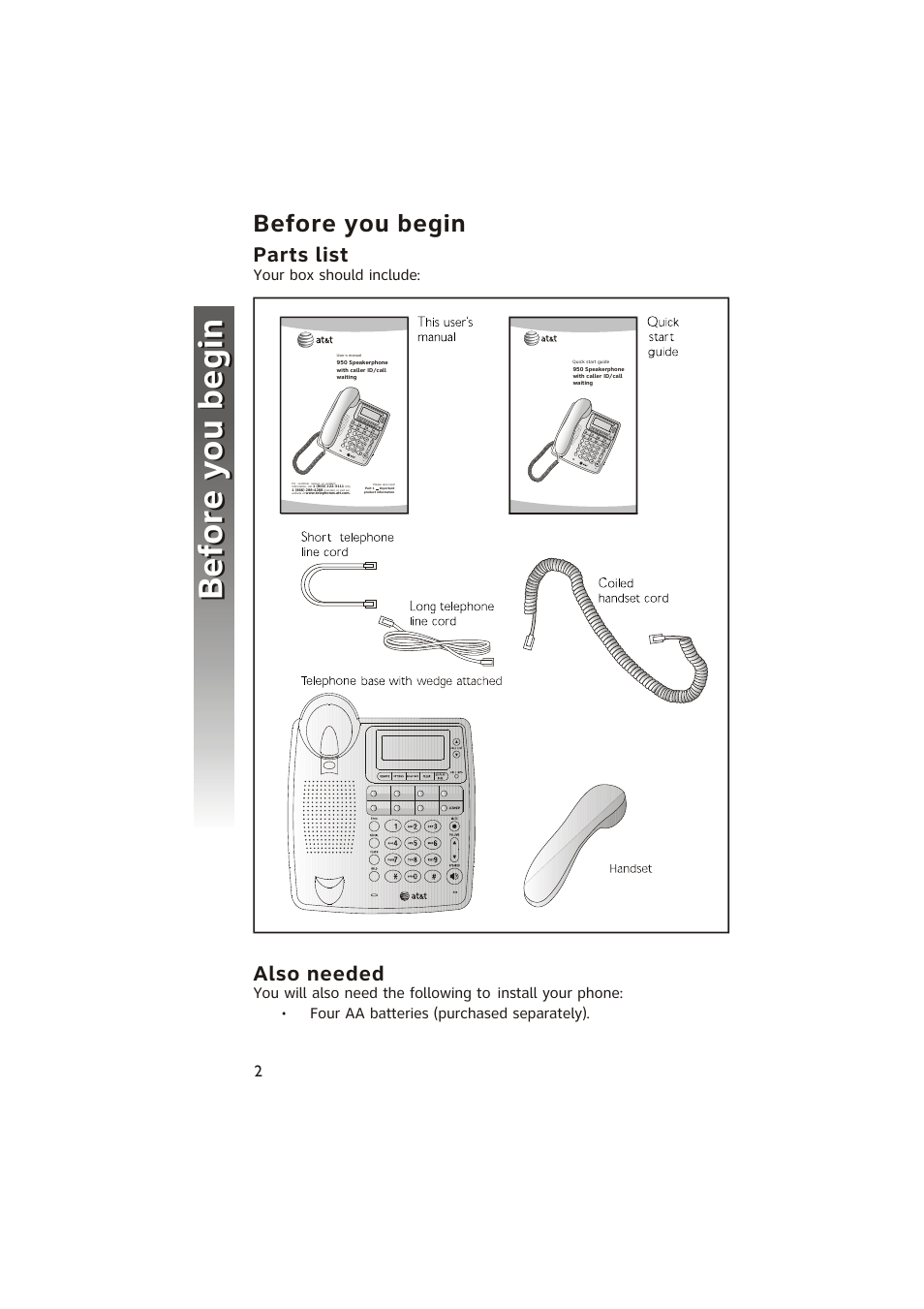 Before you b egin before you b egin, Before you begin, Parts list | Also needed | AT&T 950 Speakerphone User Manual | Page 4 / 41