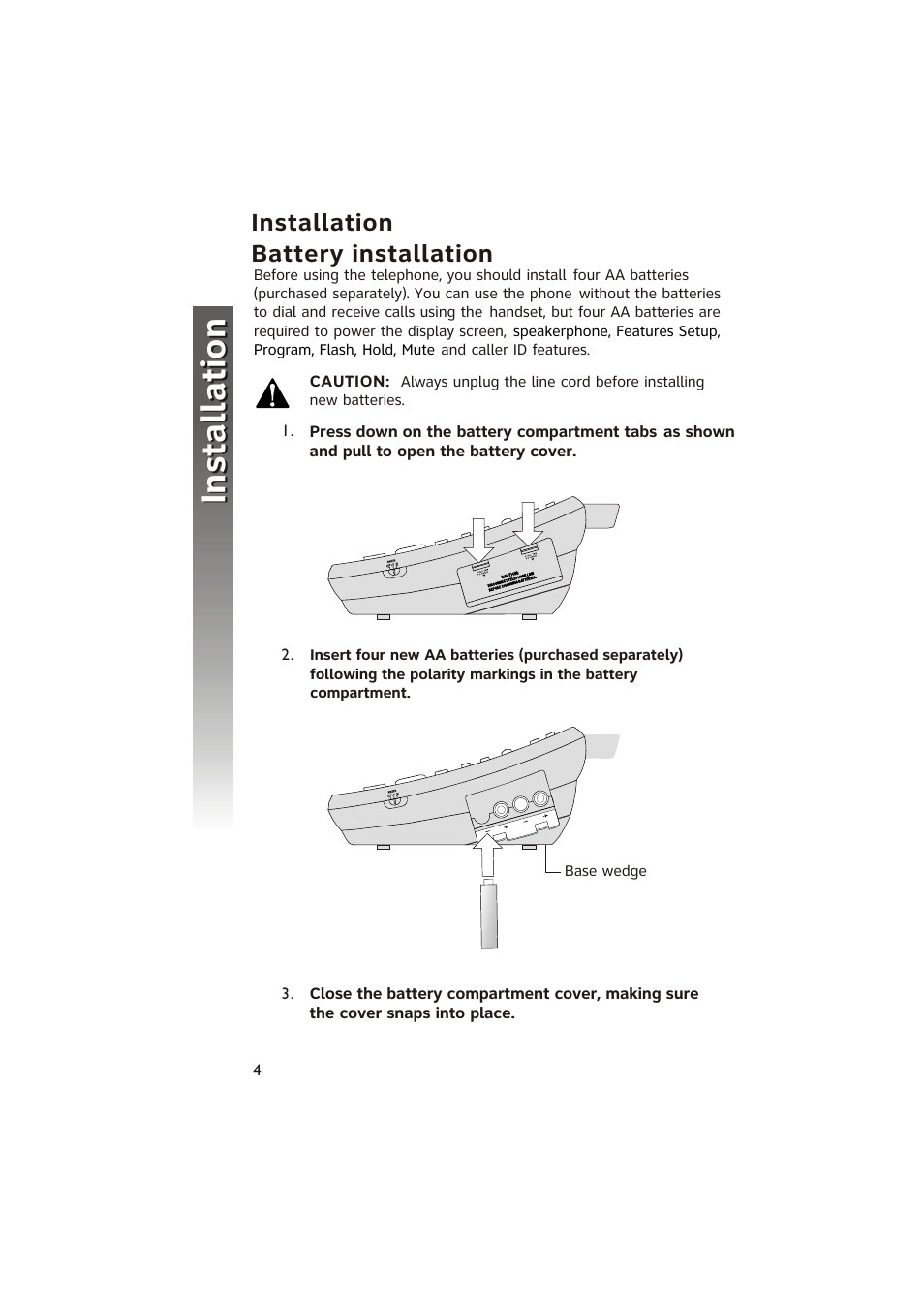 Installation, Installation battery installation | AT&T 950 Speakerphone User Manual | Page 6 / 41