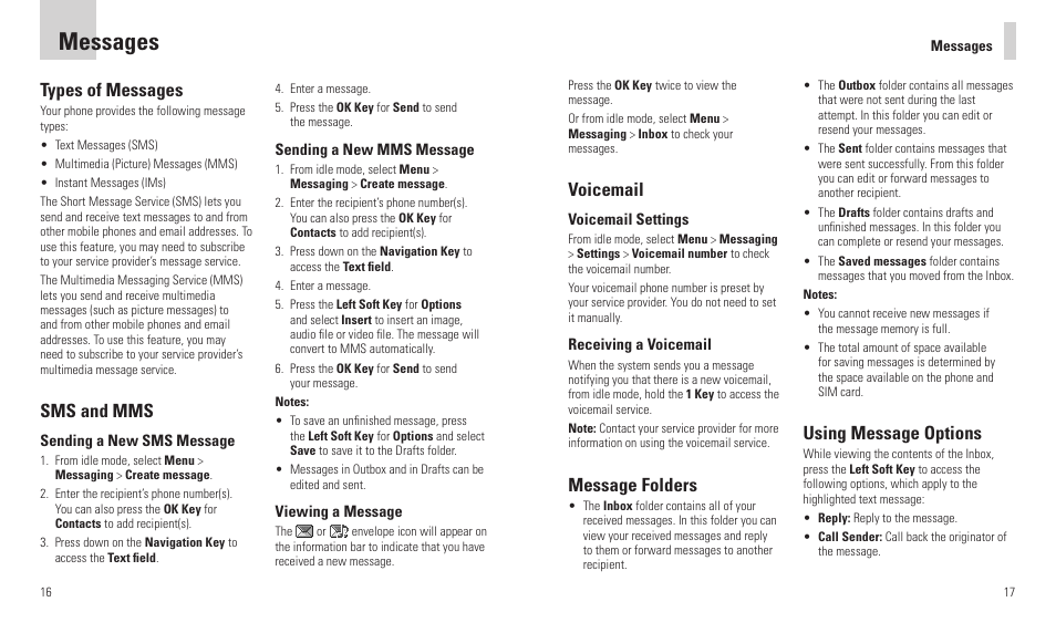 Messages, Types of messages, Sms and mms | Voicemail, Message folders, Using message options | AT&T F160 User Manual | Page 10 / 28