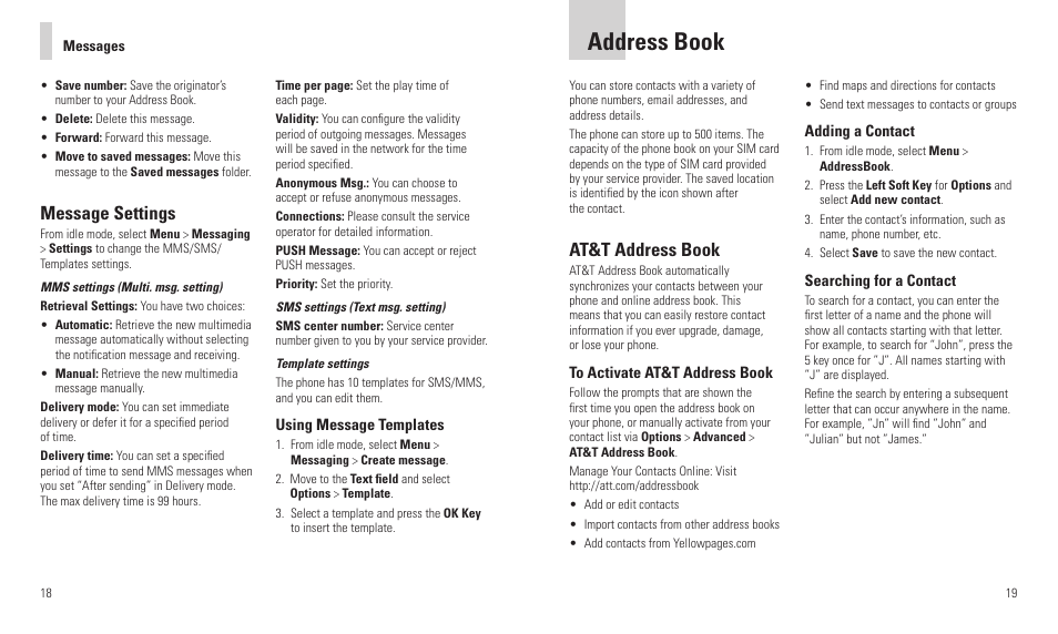 Address book, Message settings, At&t address book | AT&T F160 User Manual | Page 11 / 28
