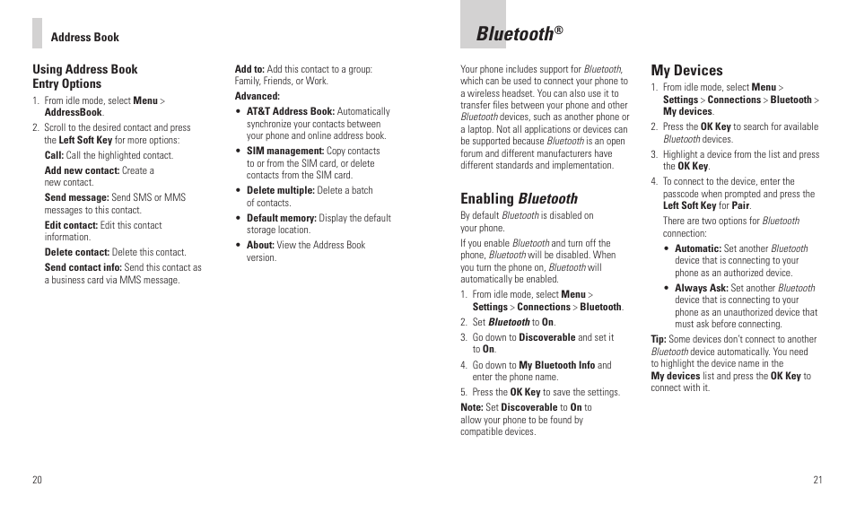 Bluetooth, Enabling bluetooth, My devices | AT&T F160 User Manual | Page 12 / 28
