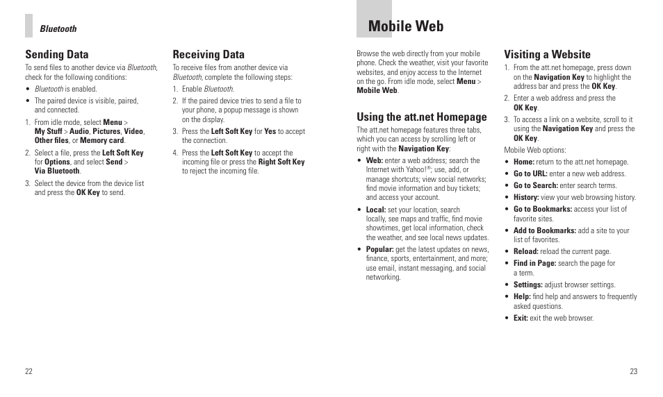 Mobile web, Visiting a website, Sending data | Receiving data | AT&T F160 User Manual | Page 13 / 28