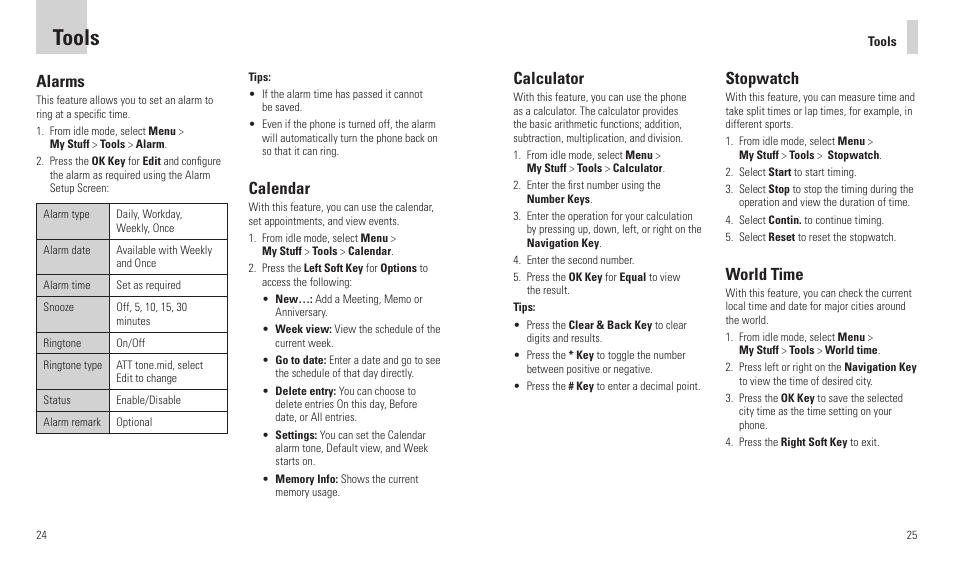 Tools, Alarms, Calendar | Stopwatch, World time, Calculator | AT&T F160 User Manual | Page 14 / 28