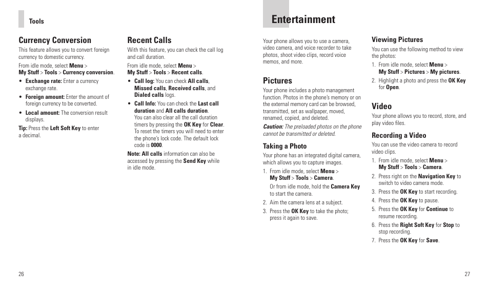 Entertainment, Recent calls, Currency conversion | Pictures, Video | AT&T F160 User Manual | Page 15 / 28