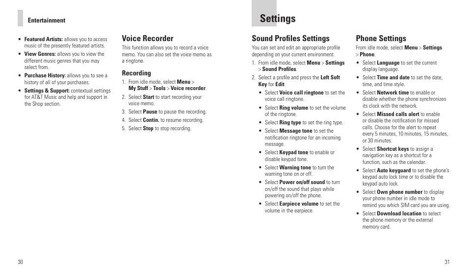 Settings, Voice recorder, Sound profiles settings | Phone settings | AT&T F160 User Manual | Page 17 / 28