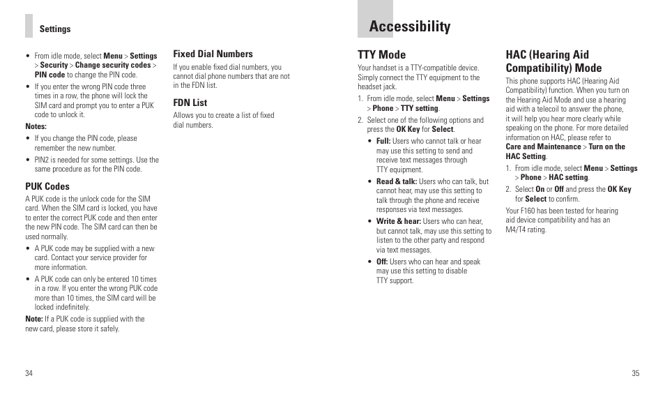Accessibility, Tty mode, Hac (hearing aid compatibility) mode | AT&T F160 User Manual | Page 19 / 28