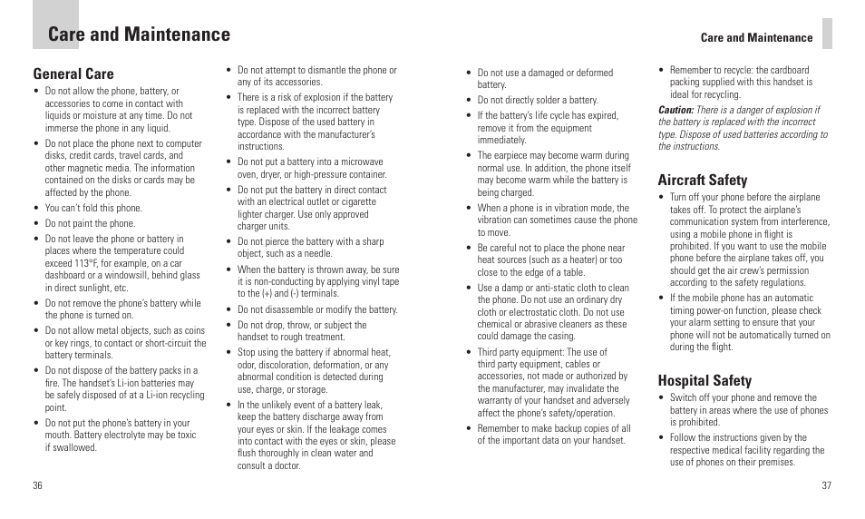 Care and maintenance, General care, Aircraft safety | Hospital safety | AT&T F160 User Manual | Page 20 / 28