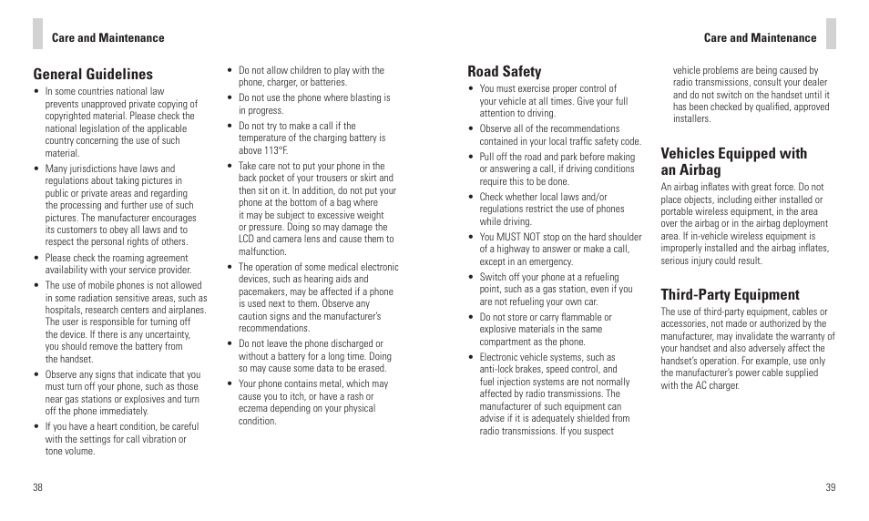 General guidelines, Road safety, Vehicles equipped with an airbag | Third-party equipment | AT&T F160 User Manual | Page 21 / 28