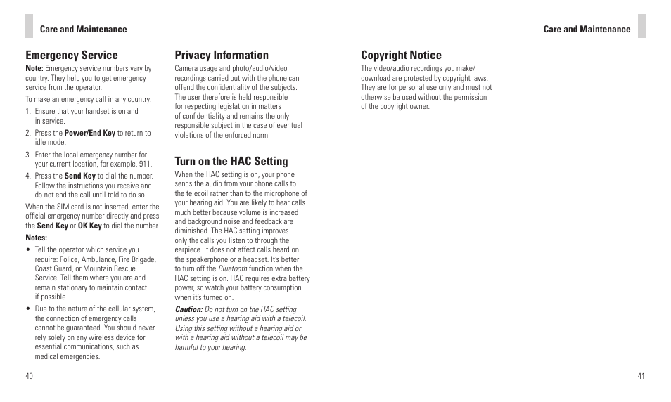 Emergency service, Privacy information, Turn on the hac setting | Copyright notice | AT&T F160 User Manual | Page 22 / 28