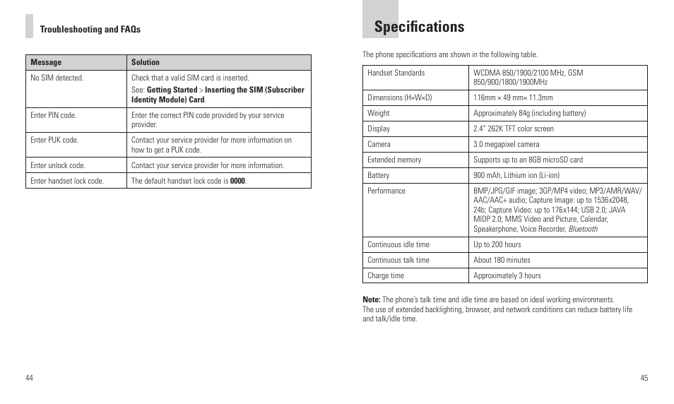 Specifications | AT&T F160 User Manual | Page 24 / 28