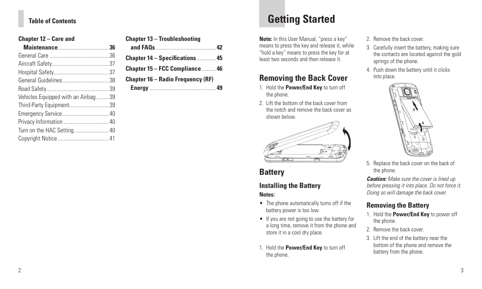 Getting started, Removing the back cover, Battery | AT&T F160 User Manual | Page 3 / 28