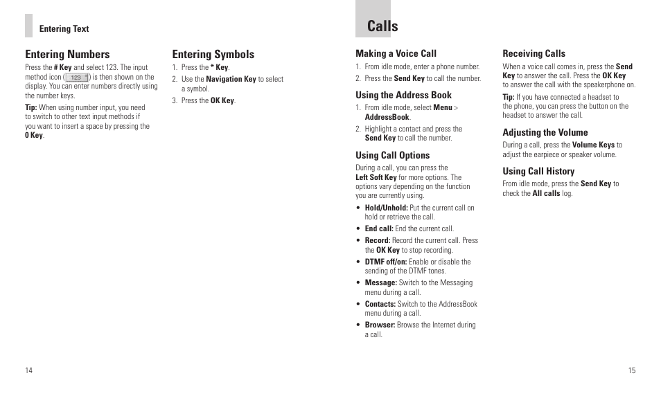 Calls, Entering numbers, Entering symbols | AT&T F160 User Manual | Page 9 / 28
