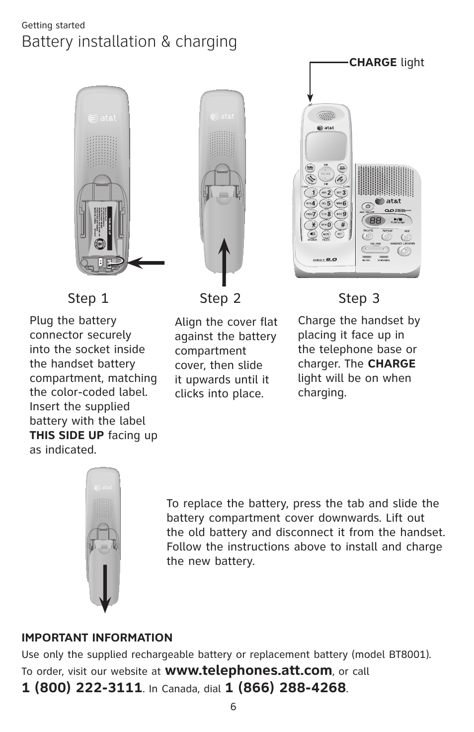 Battery installation & charging | AT&T DECT EL52459 User Manual | Page 11 / 73