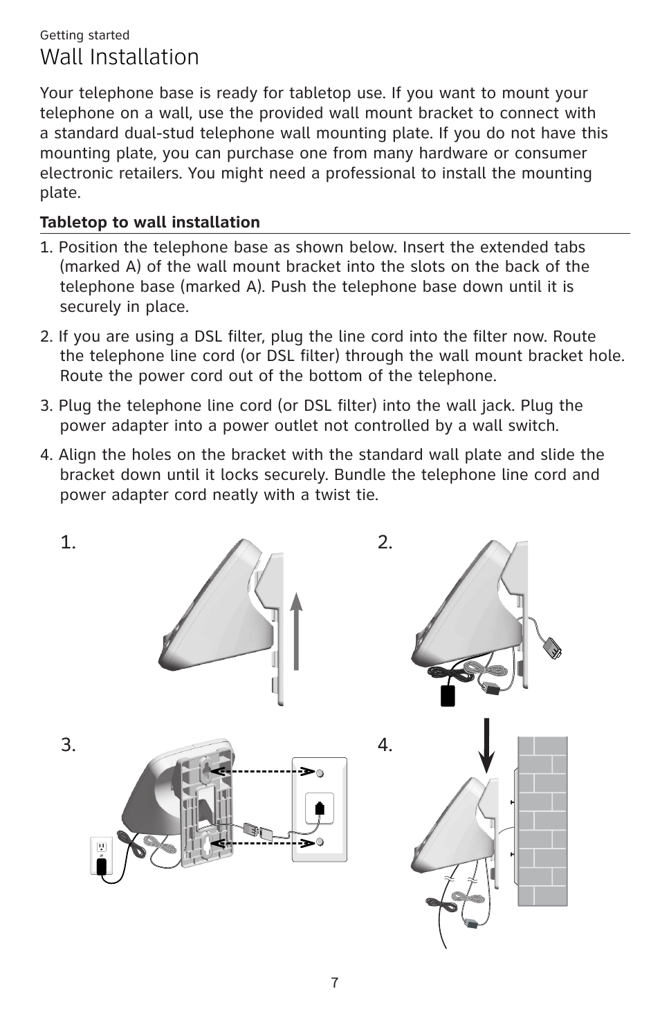 Wall installation, Tabletop to wall installation | AT&T DECT EL52459 User Manual | Page 12 / 73