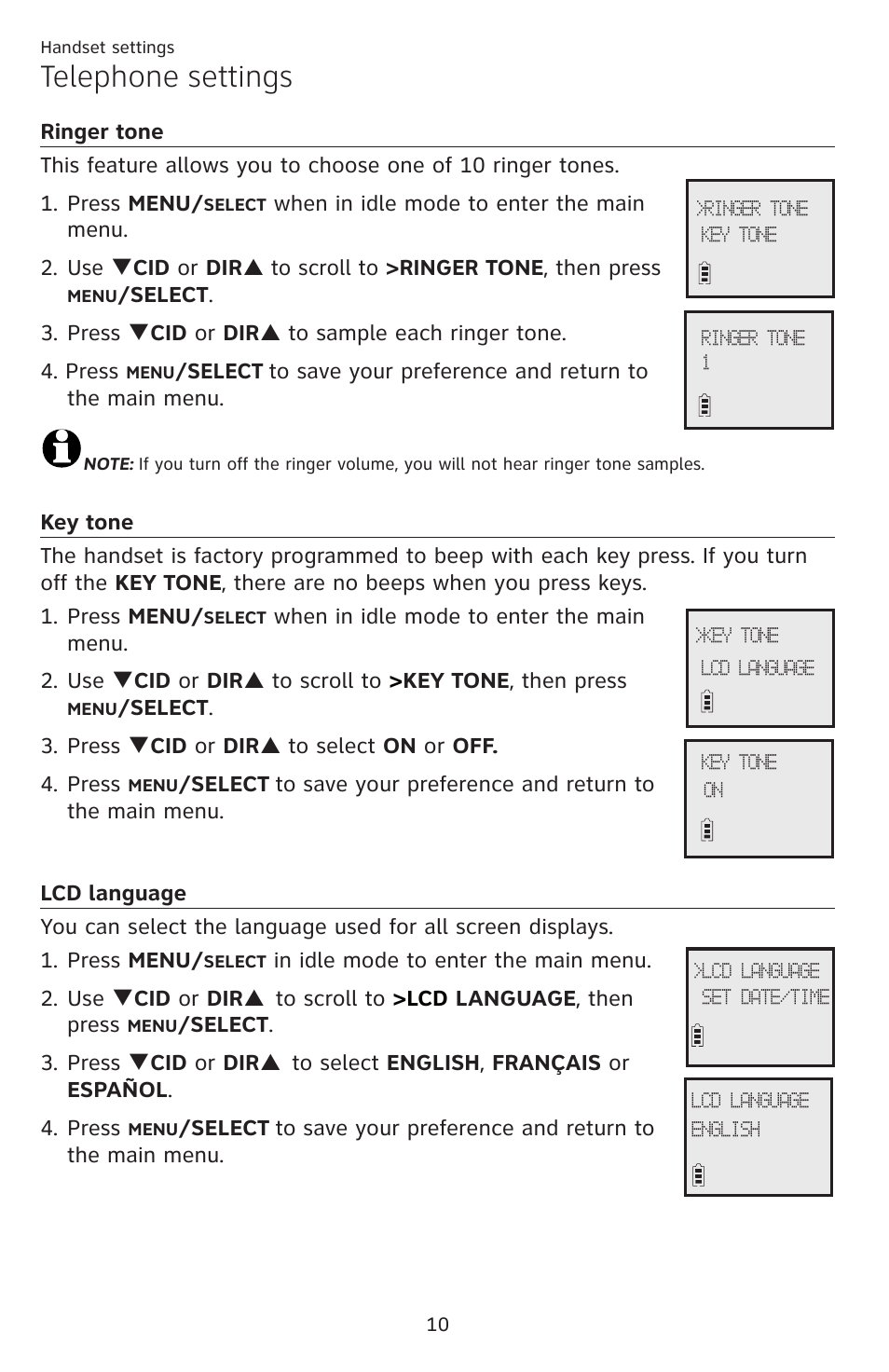 Ringer tone key tone lcd language, Telephone settings | AT&T DECT EL52459 User Manual | Page 15 / 73