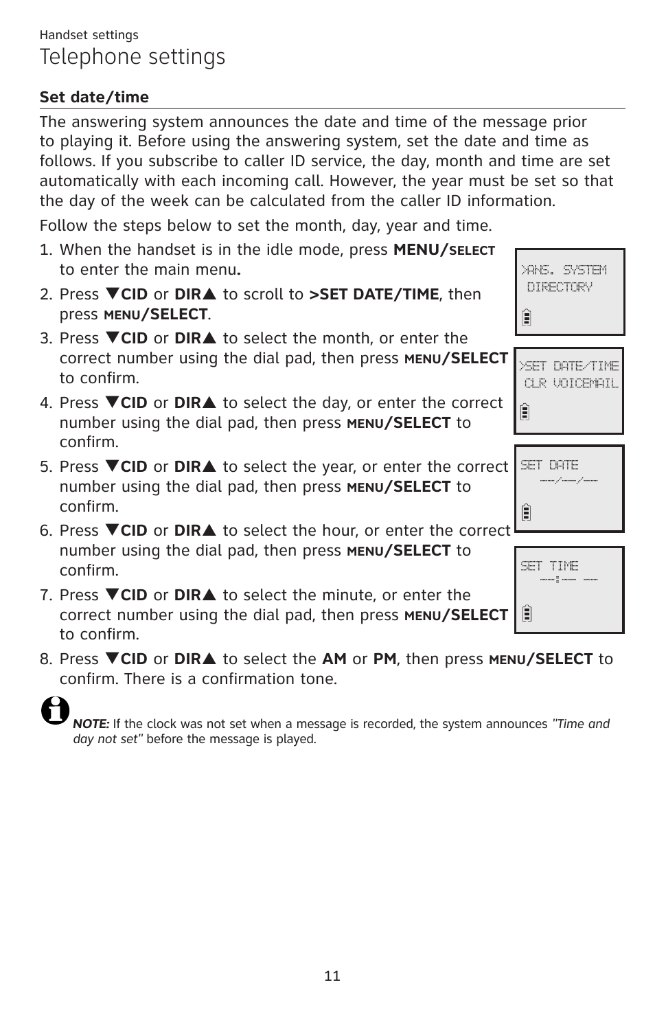 Set date/time, Telephone settings | AT&T DECT EL52459 User Manual | Page 16 / 73