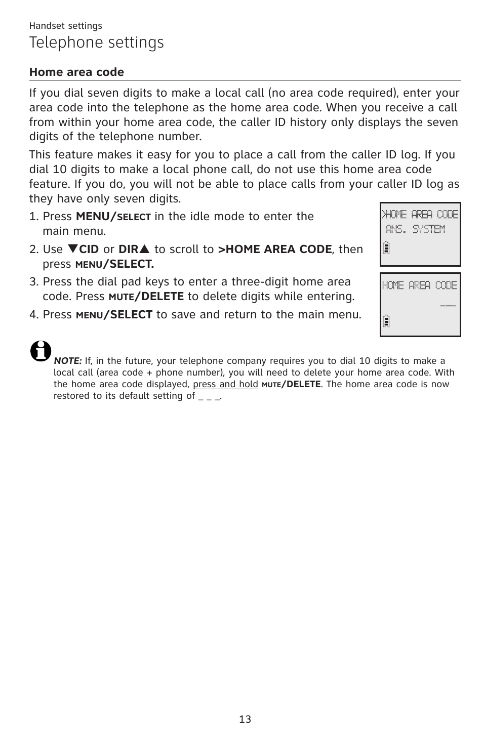 Home area code, Telephone settings | AT&T DECT EL52459 User Manual | Page 18 / 73
