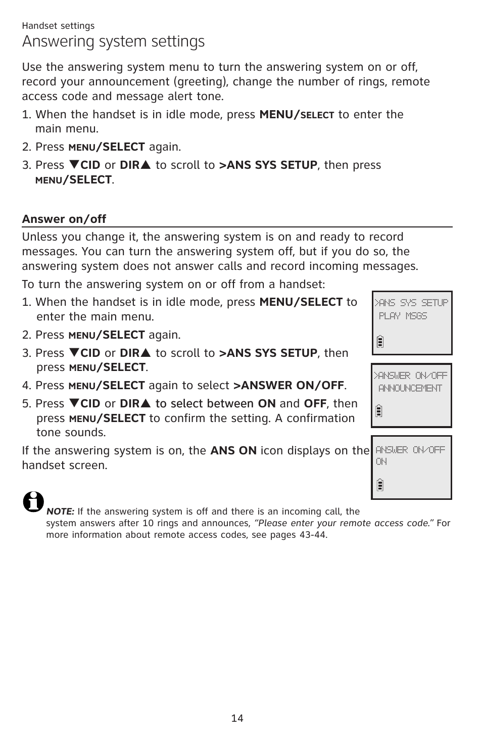 Answering system settings, Answer on/off | AT&T DECT EL52459 User Manual | Page 19 / 73