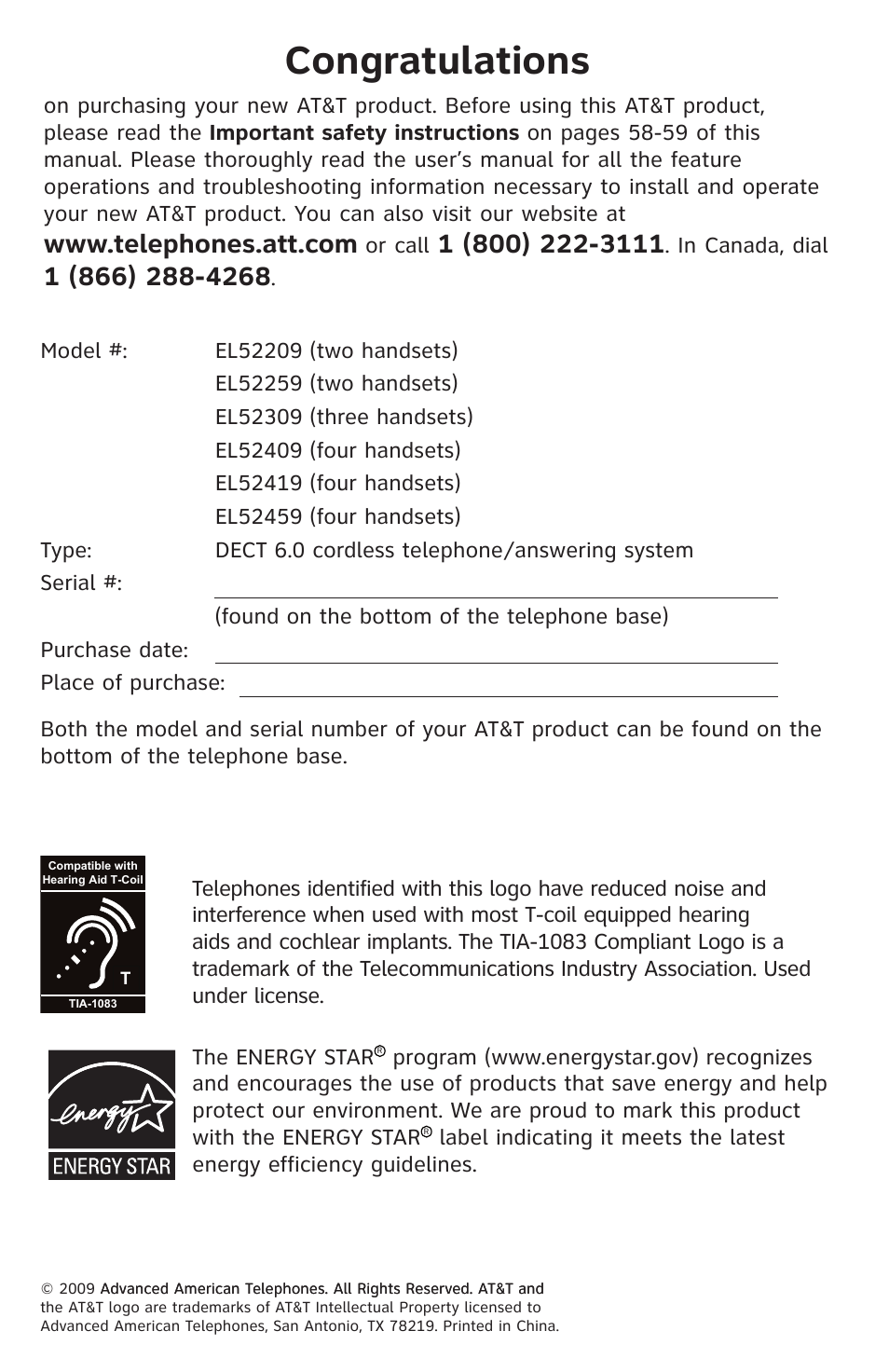 AT&T DECT EL52459 User Manual | Page 2 / 73