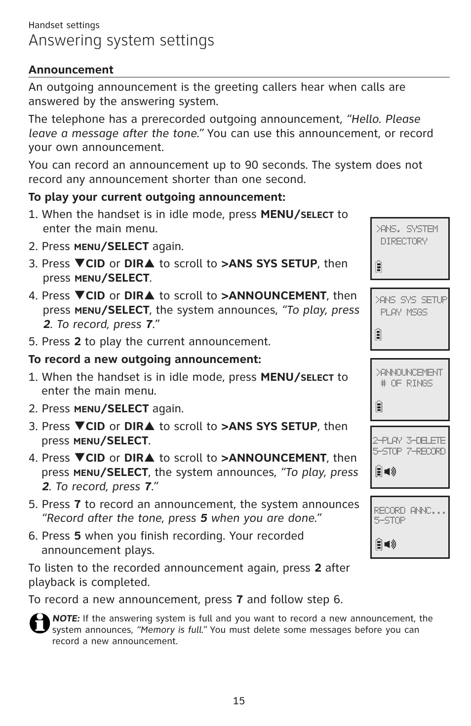 Announcement, Answering system settings | AT&T DECT EL52459 User Manual | Page 20 / 73