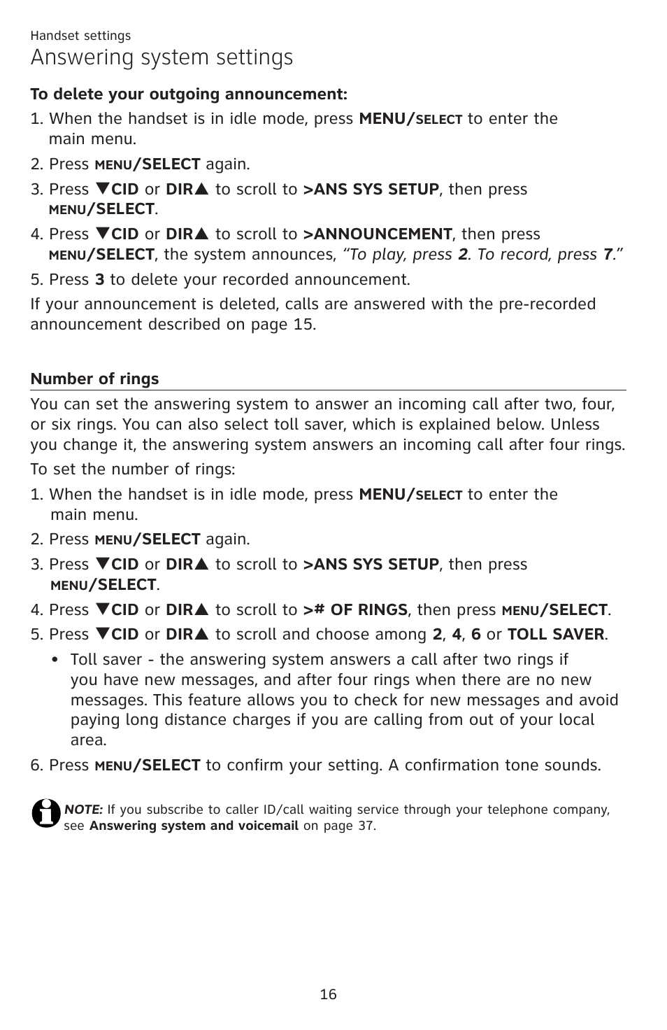 Number of rings, Answering system settings | AT&T DECT EL52459 User Manual | Page 21 / 73