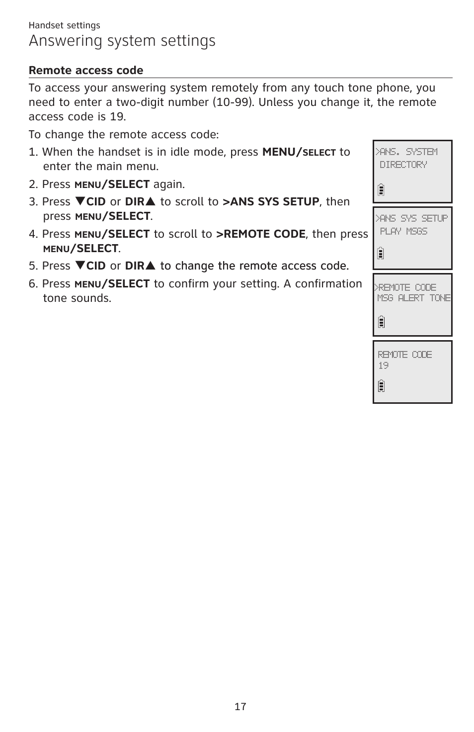 Remote access code, Answering system settings | AT&T DECT EL52459 User Manual | Page 22 / 73