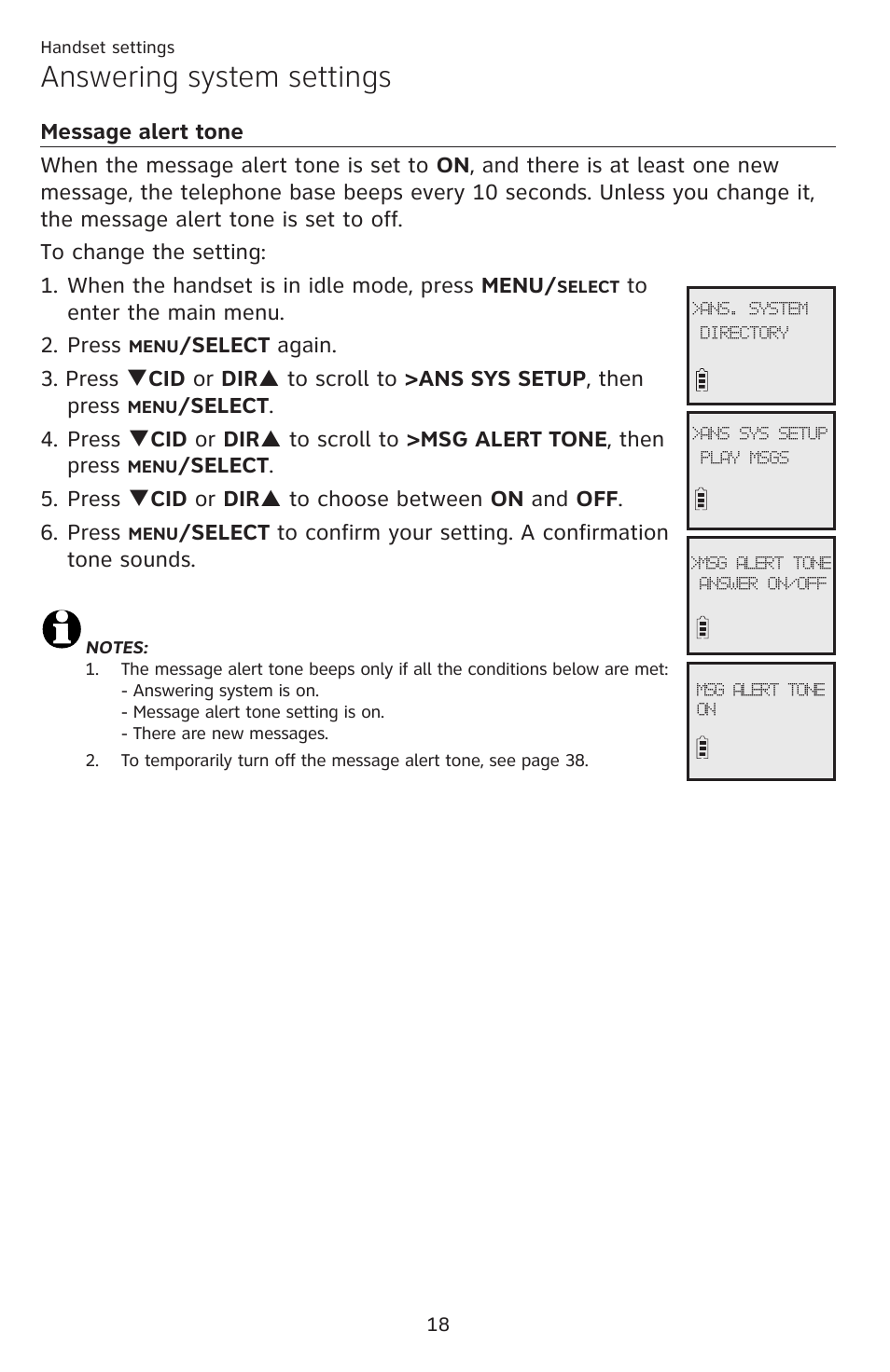 Message alert tone, Answering system settings | AT&T DECT EL52459 User Manual | Page 23 / 73
