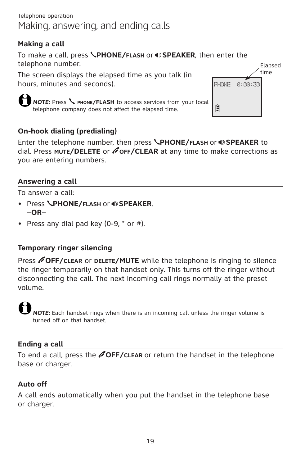 Ending a call auto off, Making, answering, and ending calls | AT&T DECT EL52459 User Manual | Page 24 / 73