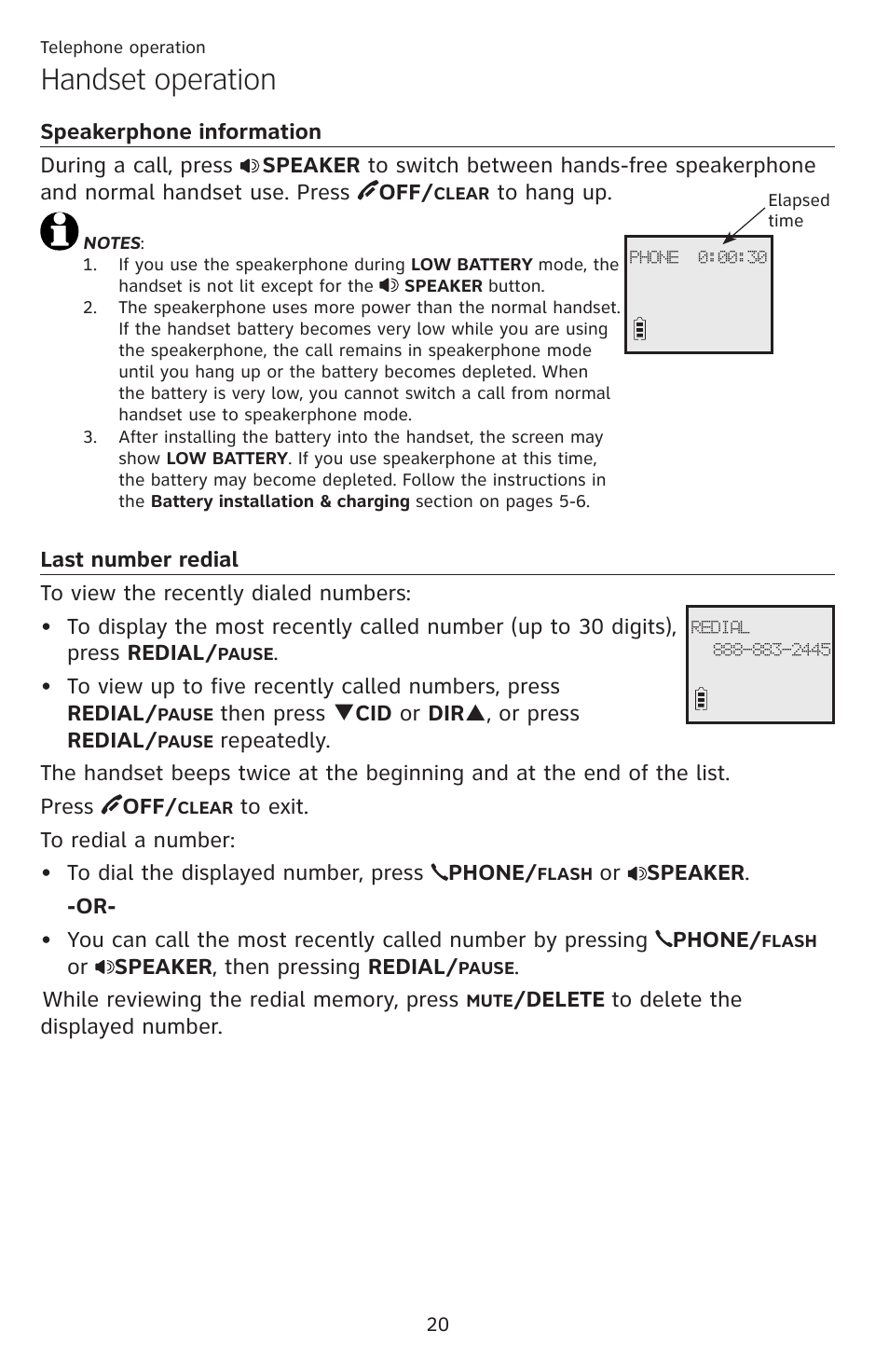 Handset operation, Speakerphone information last number redial | AT&T DECT EL52459 User Manual | Page 25 / 73