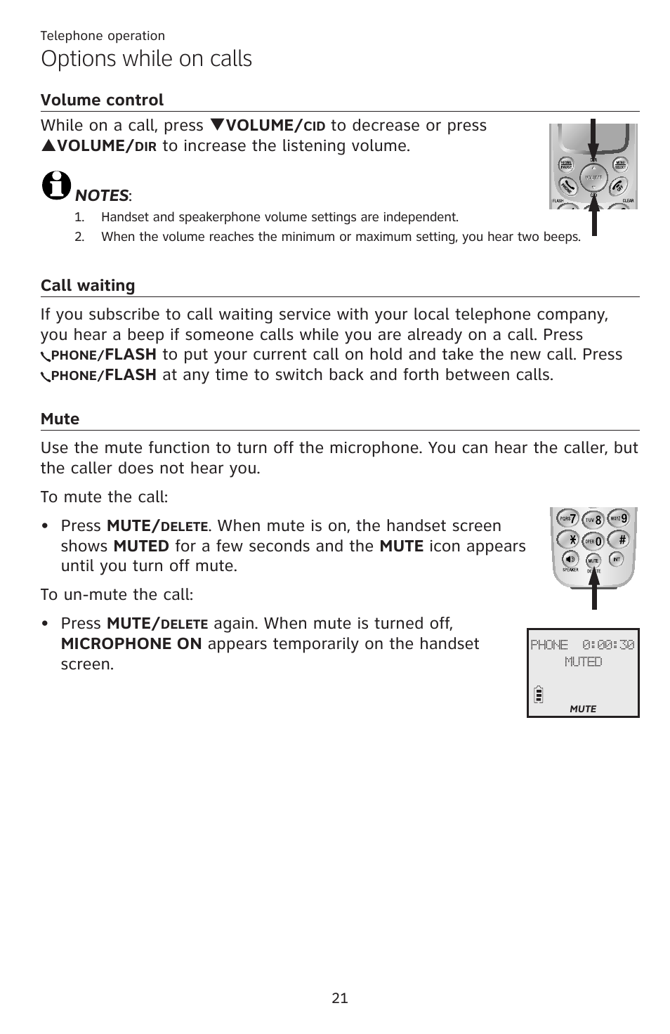 Options while on calls, Volume control call waiting mute | AT&T DECT EL52459 User Manual | Page 26 / 73