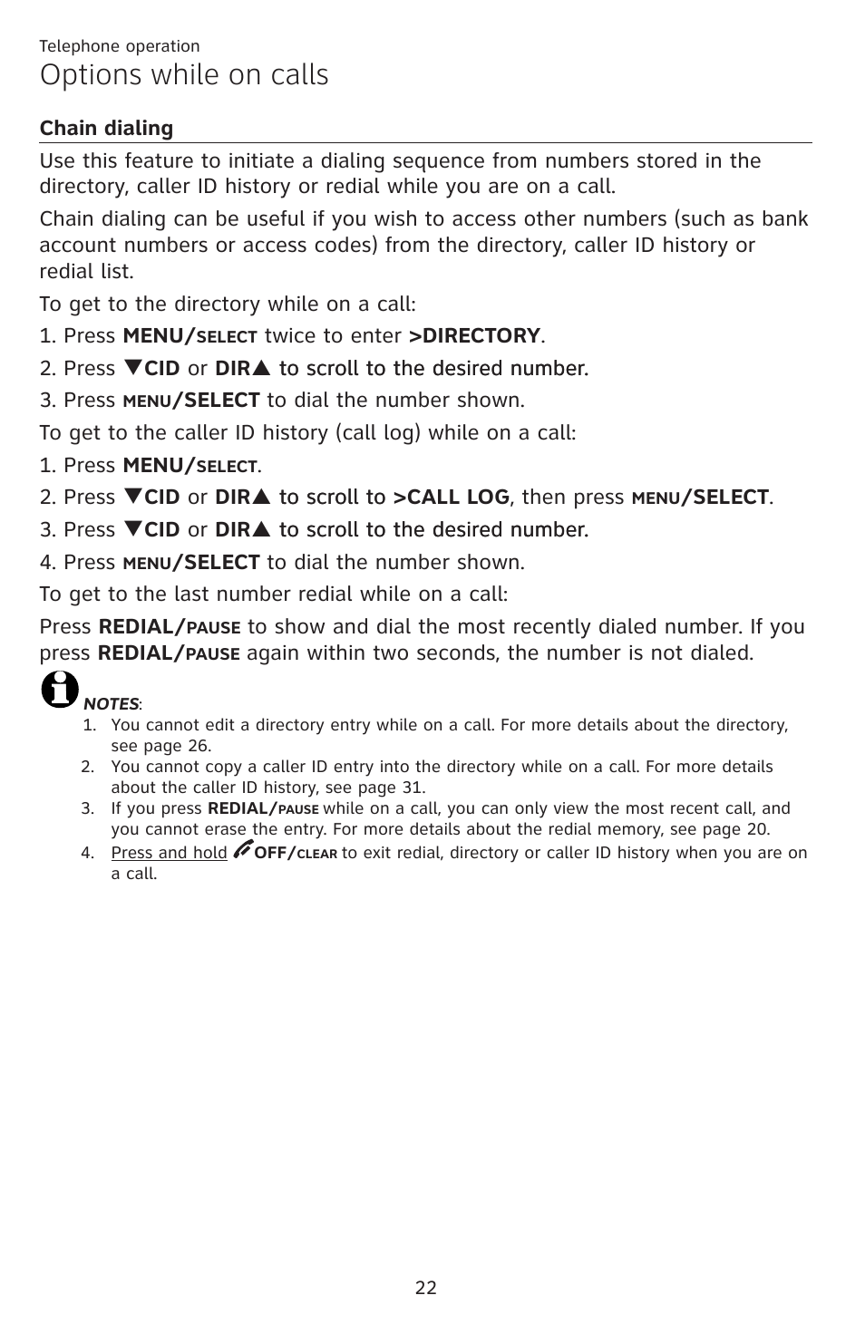 Chain dialing, Options while on calls | AT&T DECT EL52459 User Manual | Page 27 / 73