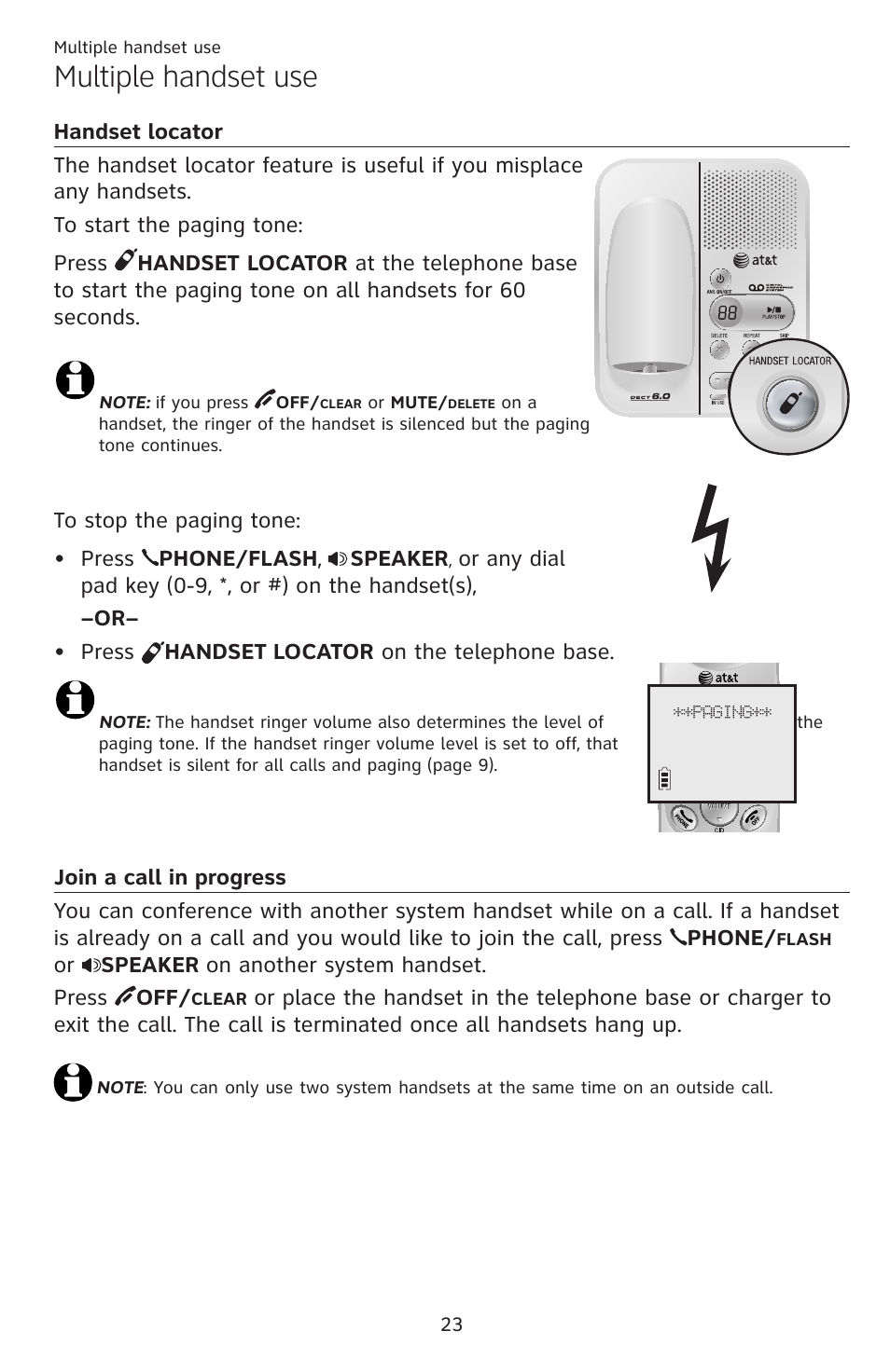 Multiple handset use multiple handset use, Handset locator join a call in progress, Multiple handset use | AT&T DECT EL52459 User Manual | Page 28 / 73