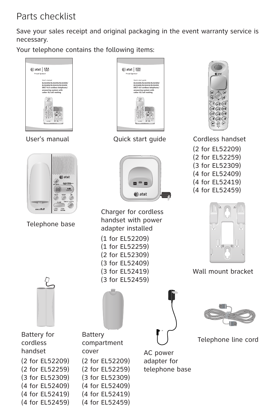 Parts checklist | AT&T DECT EL52459 User Manual | Page 3 / 73