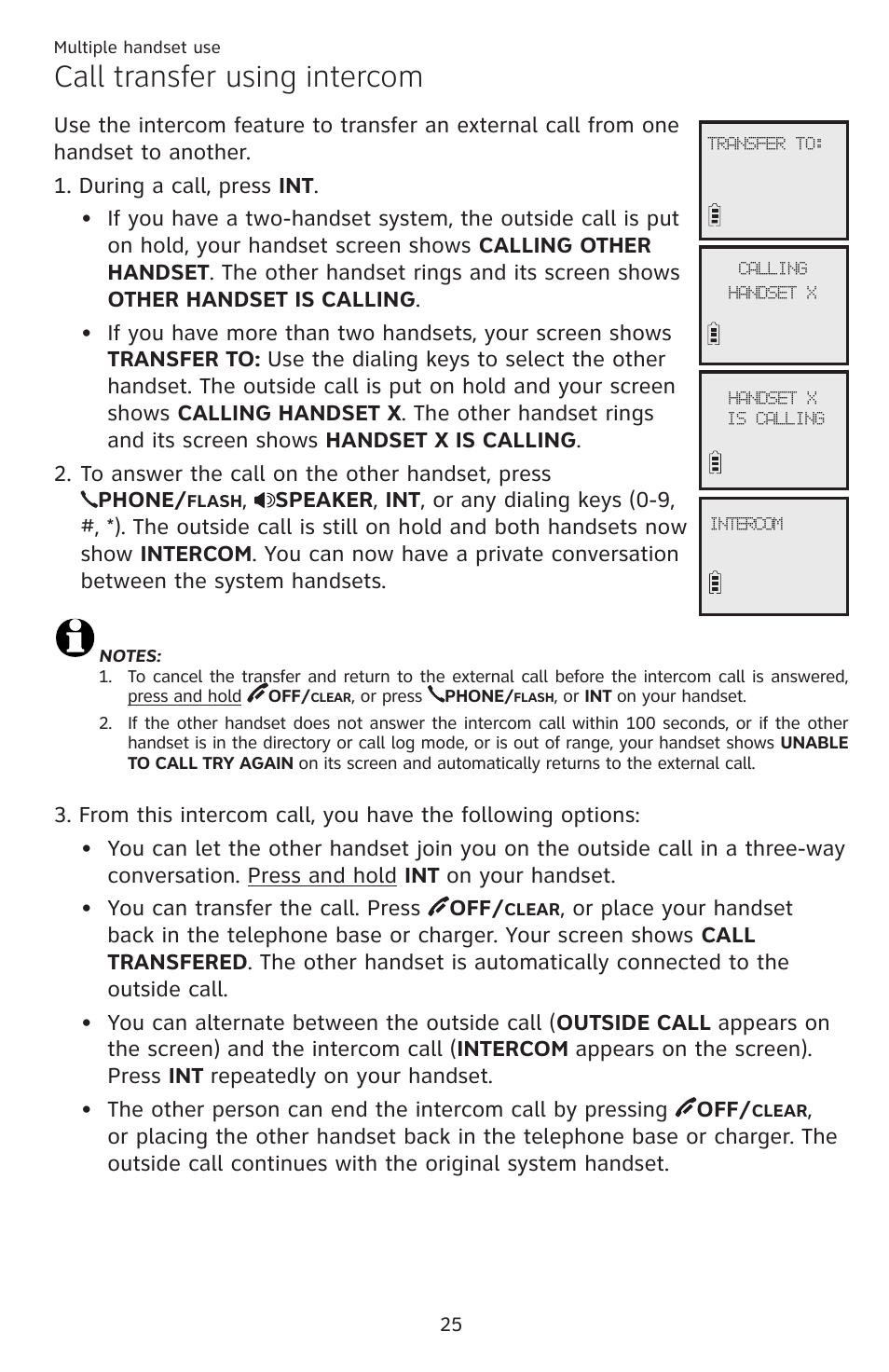 Call transfer using intercom | AT&T DECT EL52459 User Manual | Page 30 / 73