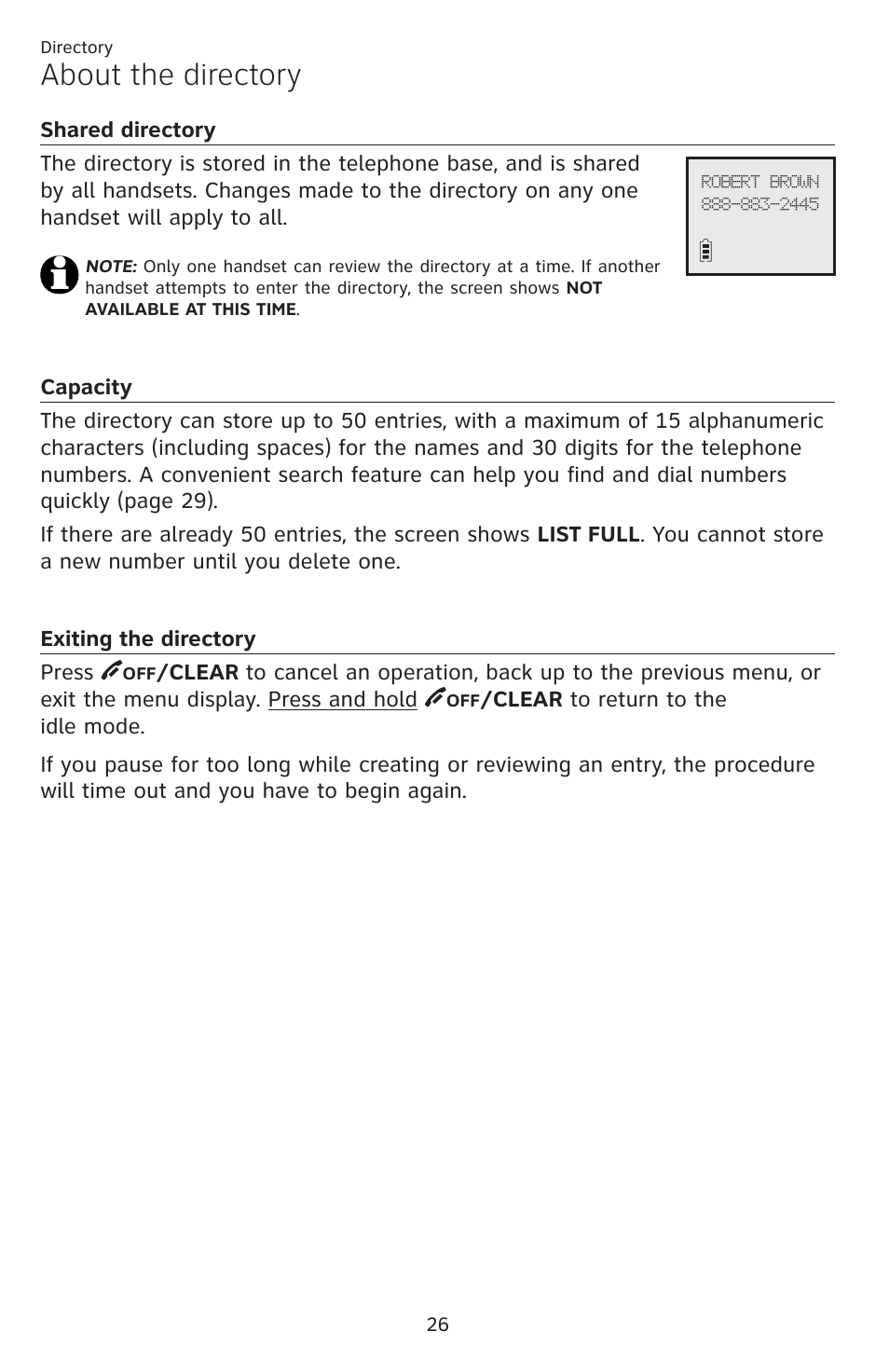 Directory about the directory, Shared directory capacity exiting the directory, About the directory | AT&T DECT EL52459 User Manual | Page 31 / 73