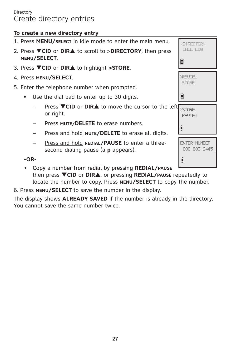 Create directory entries, To create a new directory entry . 27 | AT&T DECT EL52459 User Manual | Page 32 / 73