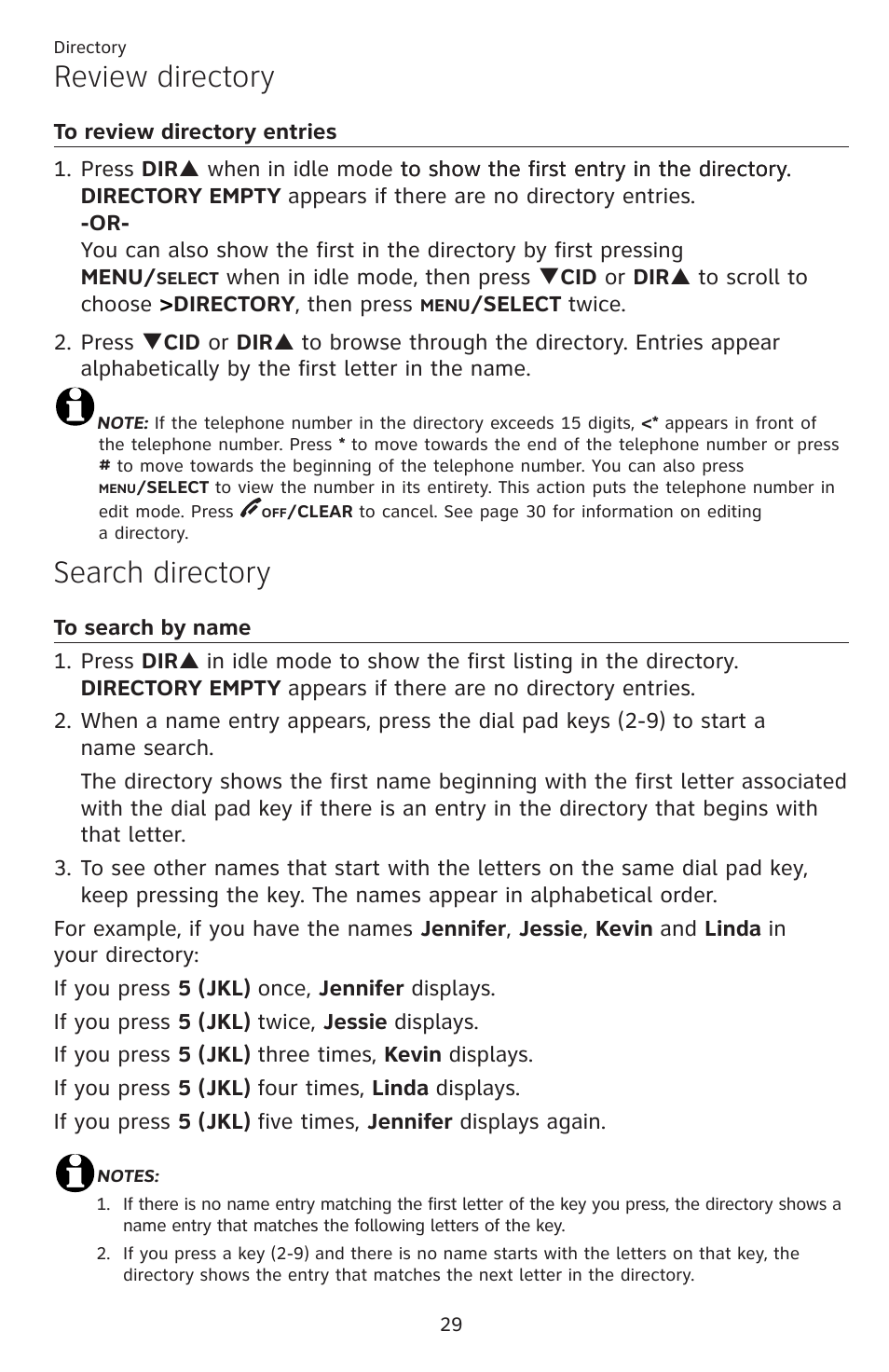 Review directory, To review directory entries, Search directory | To search by name | AT&T DECT EL52459 User Manual | Page 34 / 73