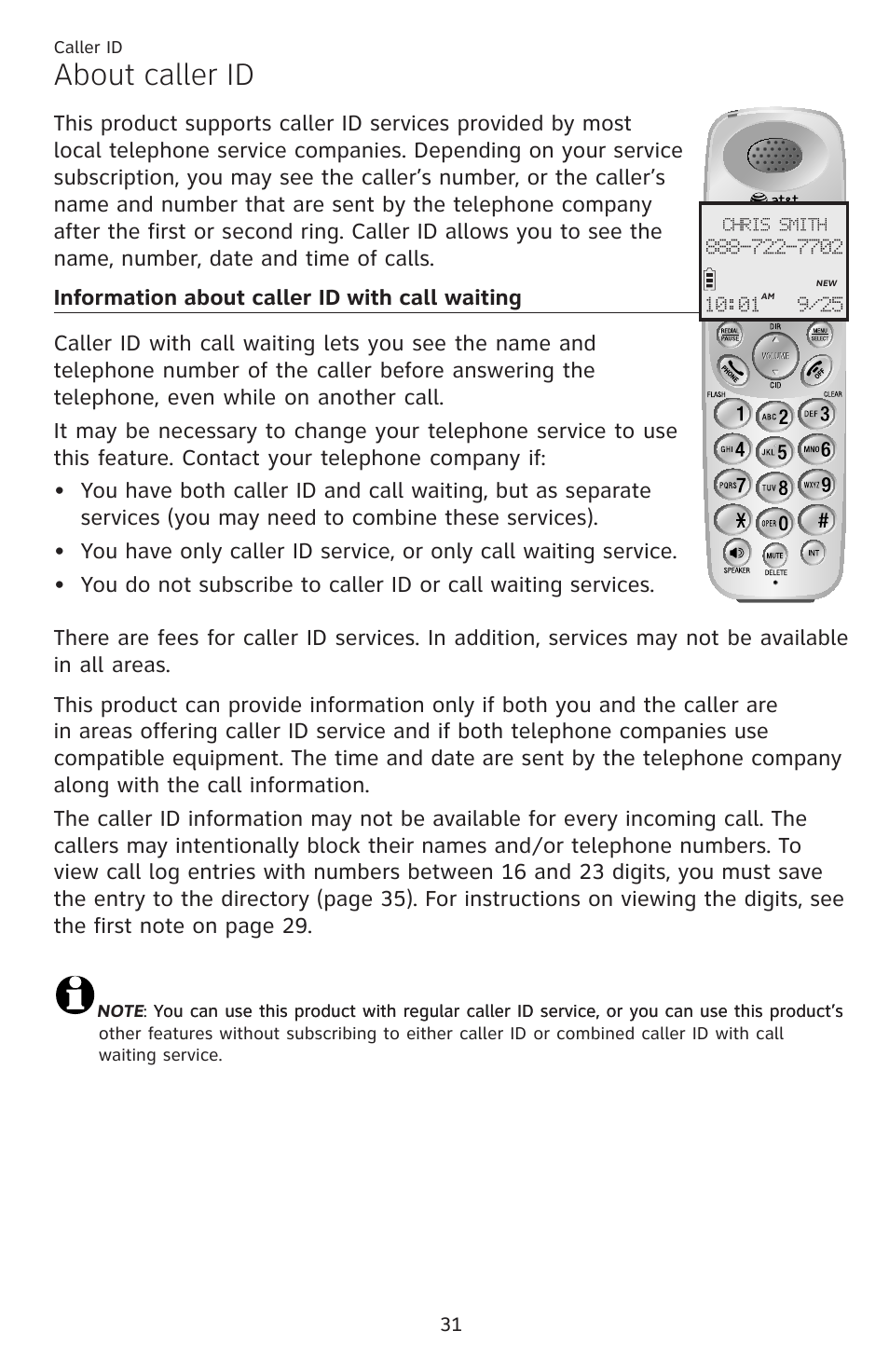 Caller id about caller id, Information about caller id with call waiting, About caller id | AT&T DECT EL52459 User Manual | Page 36 / 73