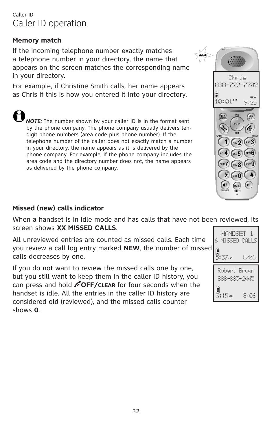 Caller id operation, Memory match missed (new) calls indicator | AT&T DECT EL52459 User Manual | Page 37 / 73