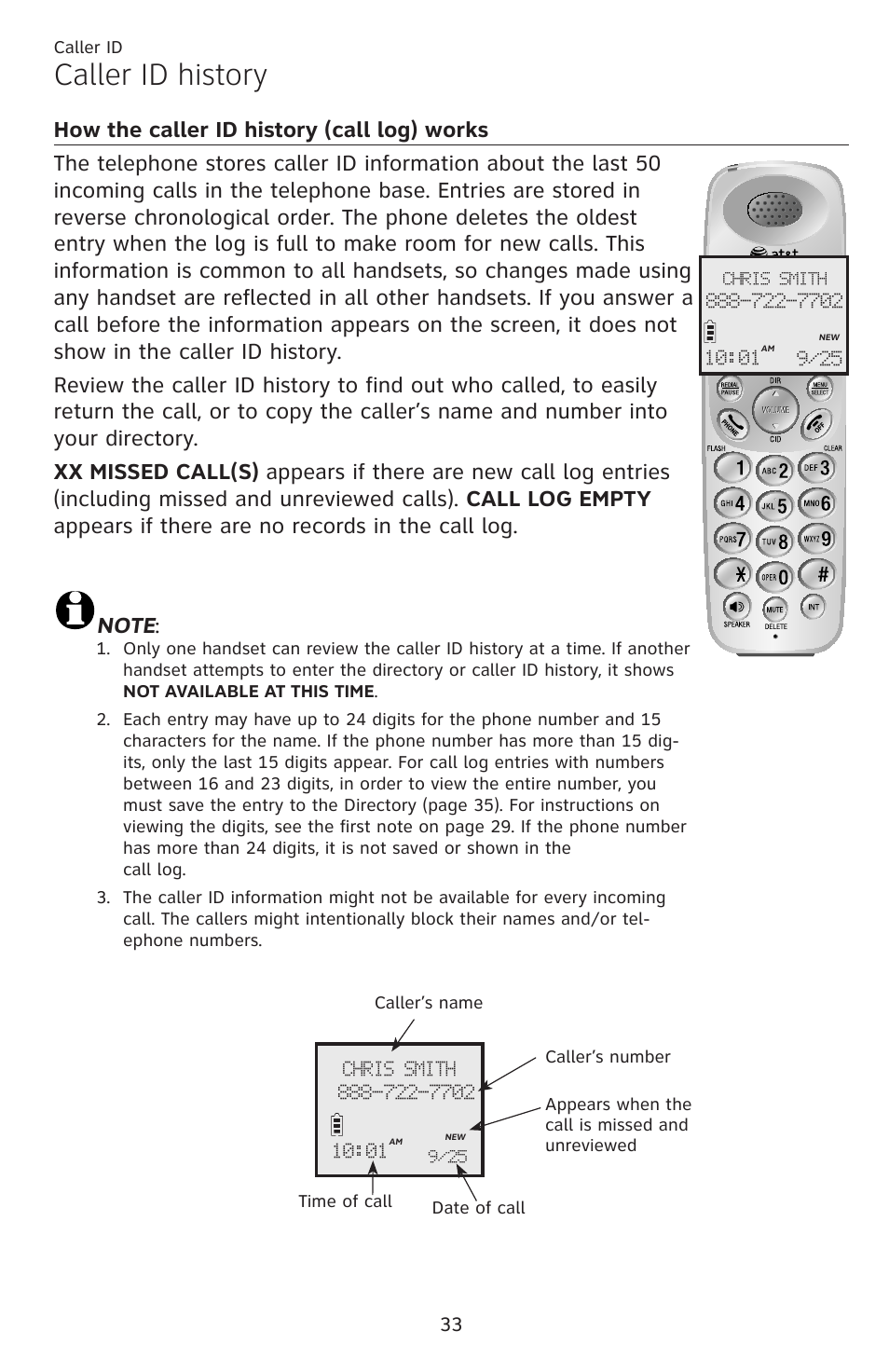 Caller id history, How the caller id history (call log) works | AT&T DECT EL52459 User Manual | Page 38 / 73
