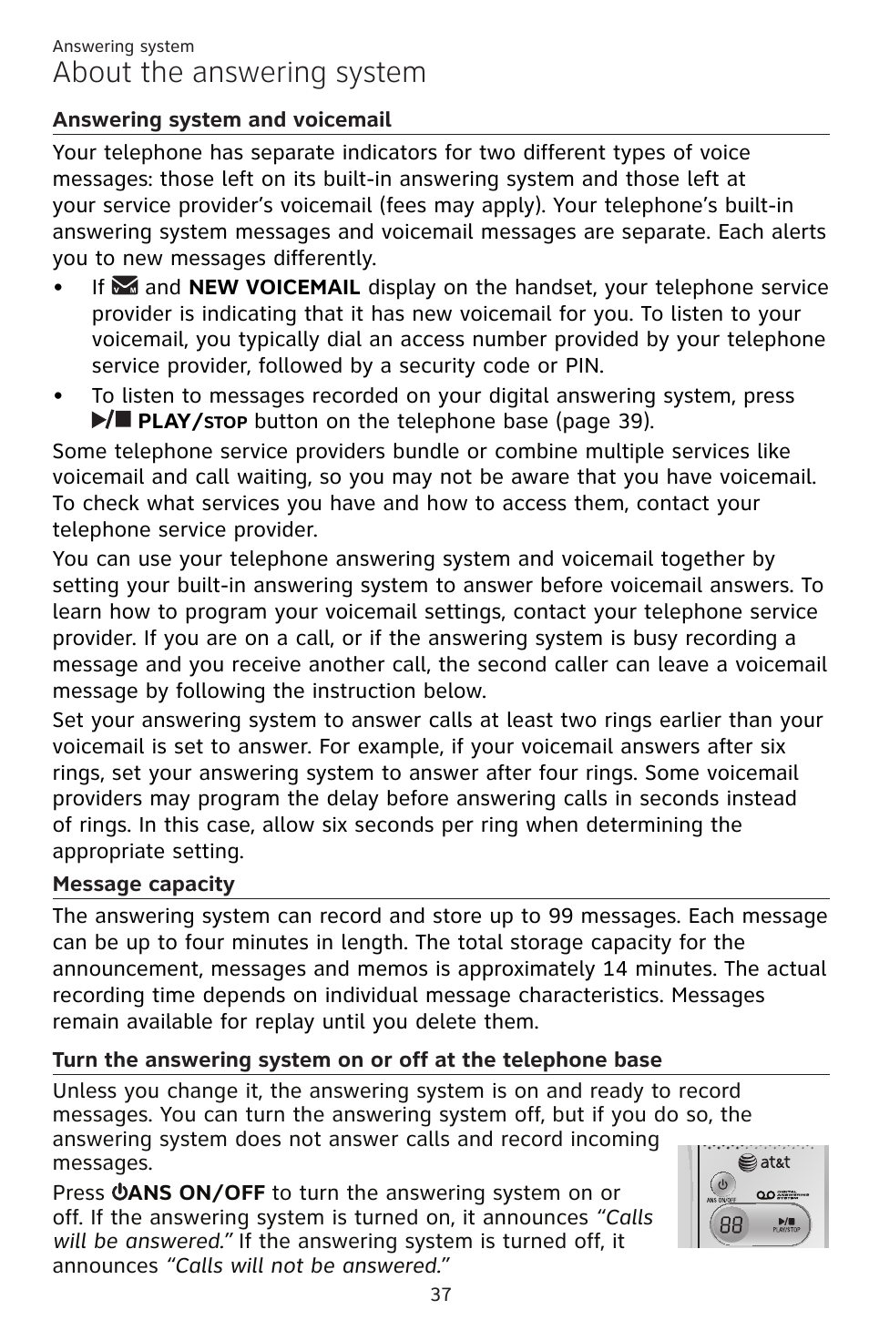 Answering system about the answering system, Answering system and, About the answering system | AT&T DECT EL52459 User Manual | Page 42 / 73