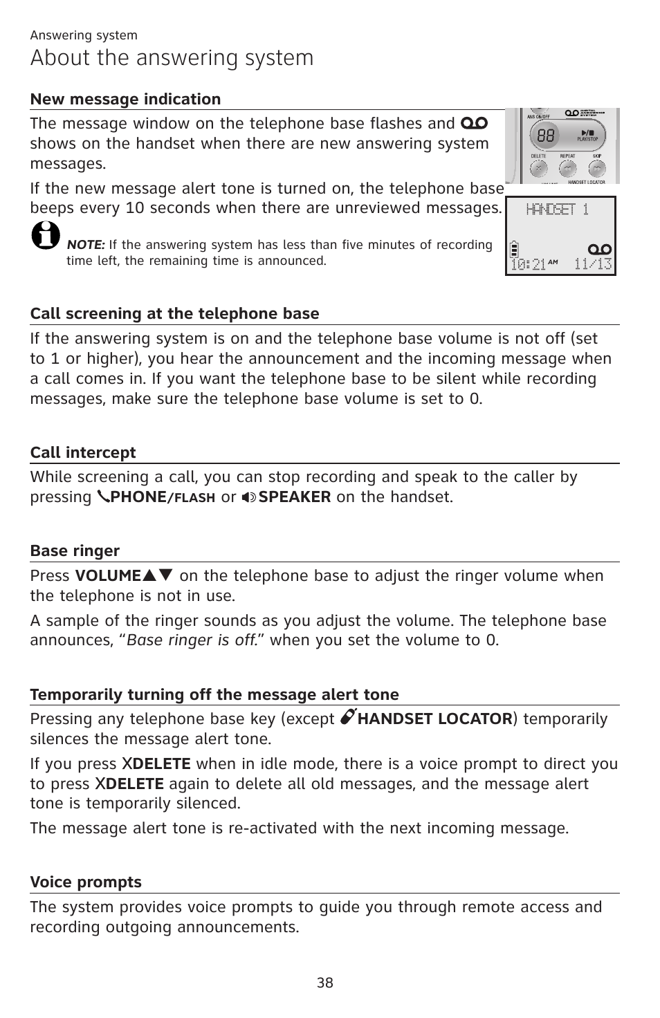 About the answering system | AT&T DECT EL52459 User Manual | Page 43 / 73