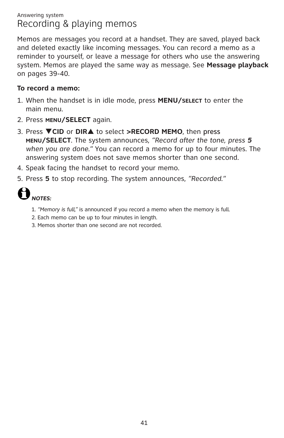 Recording & playing memos | AT&T DECT EL52459 User Manual | Page 46 / 73