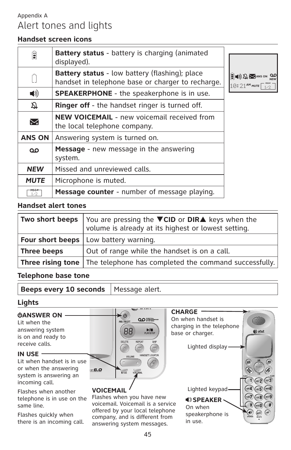 Appendix a alert tones and lights, Alert tones and lights | AT&T DECT EL52459 User Manual | Page 50 / 73