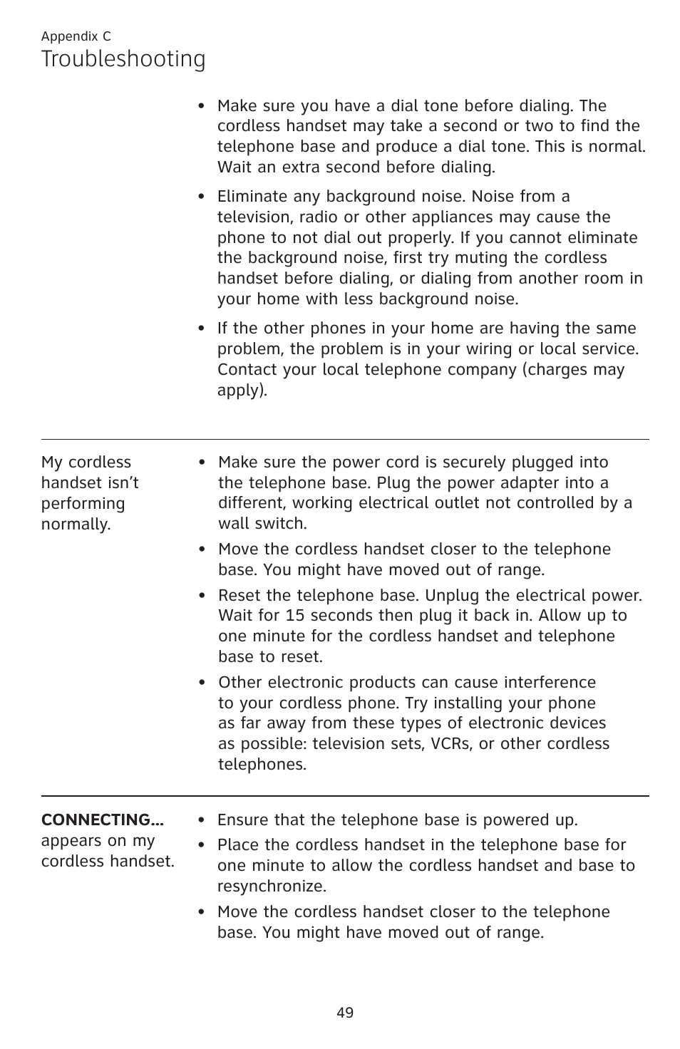 Troubleshooting | AT&T DECT EL52459 User Manual | Page 54 / 73