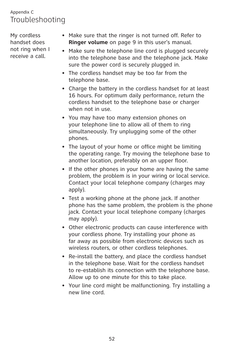 Troubleshooting | AT&T DECT EL52459 User Manual | Page 57 / 73